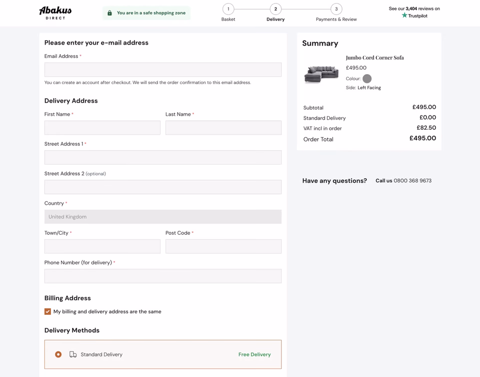 Nowy checkout Magento 2 w sklepie Abakus Direct Furniture