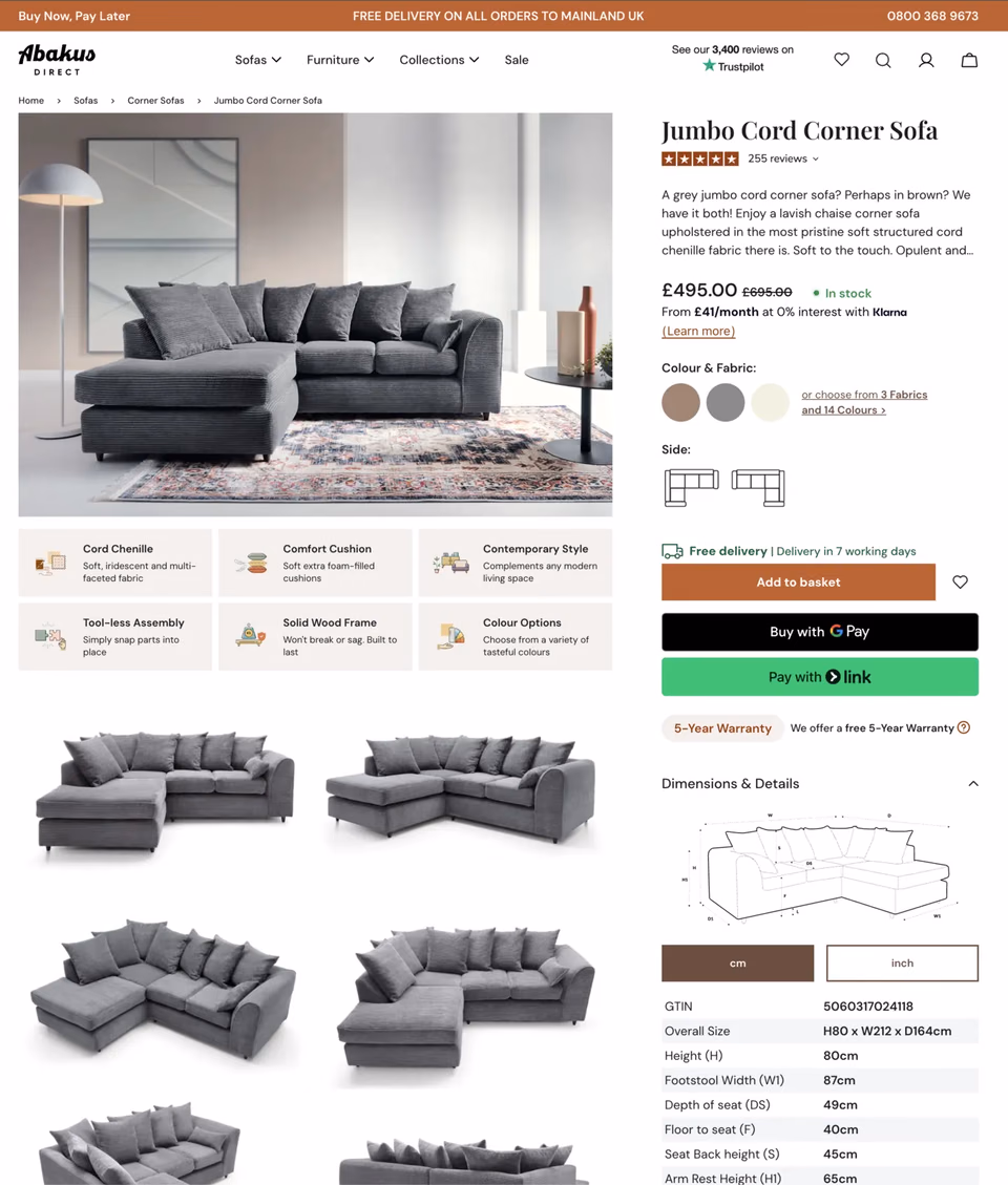 Nowa karta produktu Magento 2 w sklepie Abakus Direct Furniture