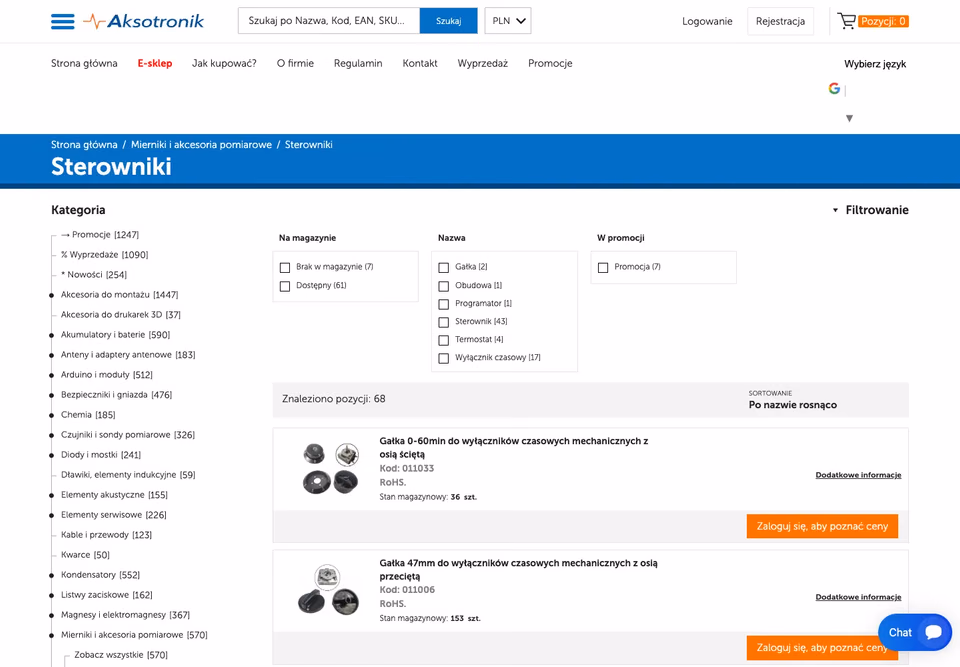 Katalog produktów B2B Aksotronik z informacjami o dostępności