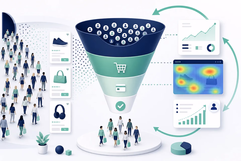 Customers moving through an ecommerce funnel towards a completed order