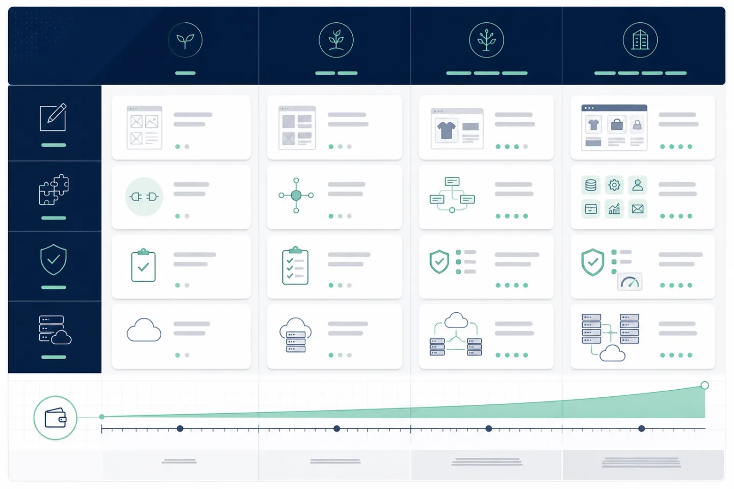 Comparison of scope and cost across four ecommerce implementation options
